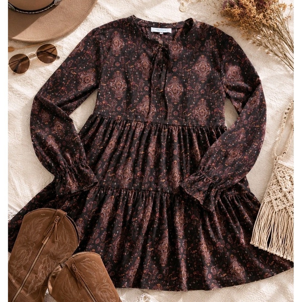 Maurices M Tiered Mini Dress Dark Floral Paisley Boho Cottagecore Prairie Peasan